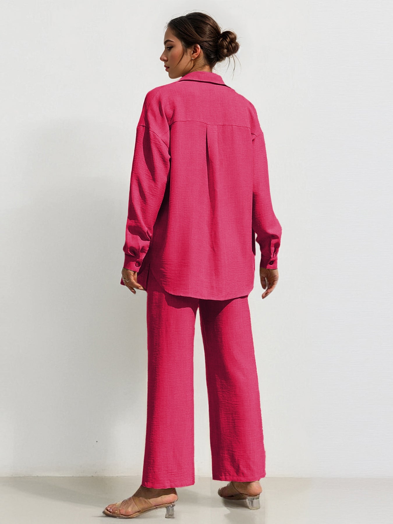 Leisure Plain Collared Long Sleeve Button Up Loose Shirt & Drawstring Wide Leg Trousers Co-ord