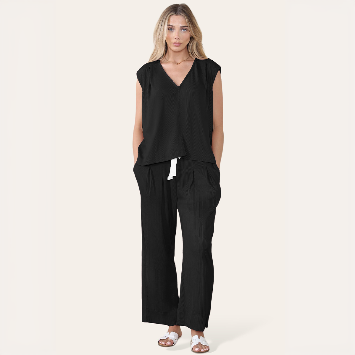 Minimalist V Neck Sleeveless Top & Drawstring Trousers Co-ord