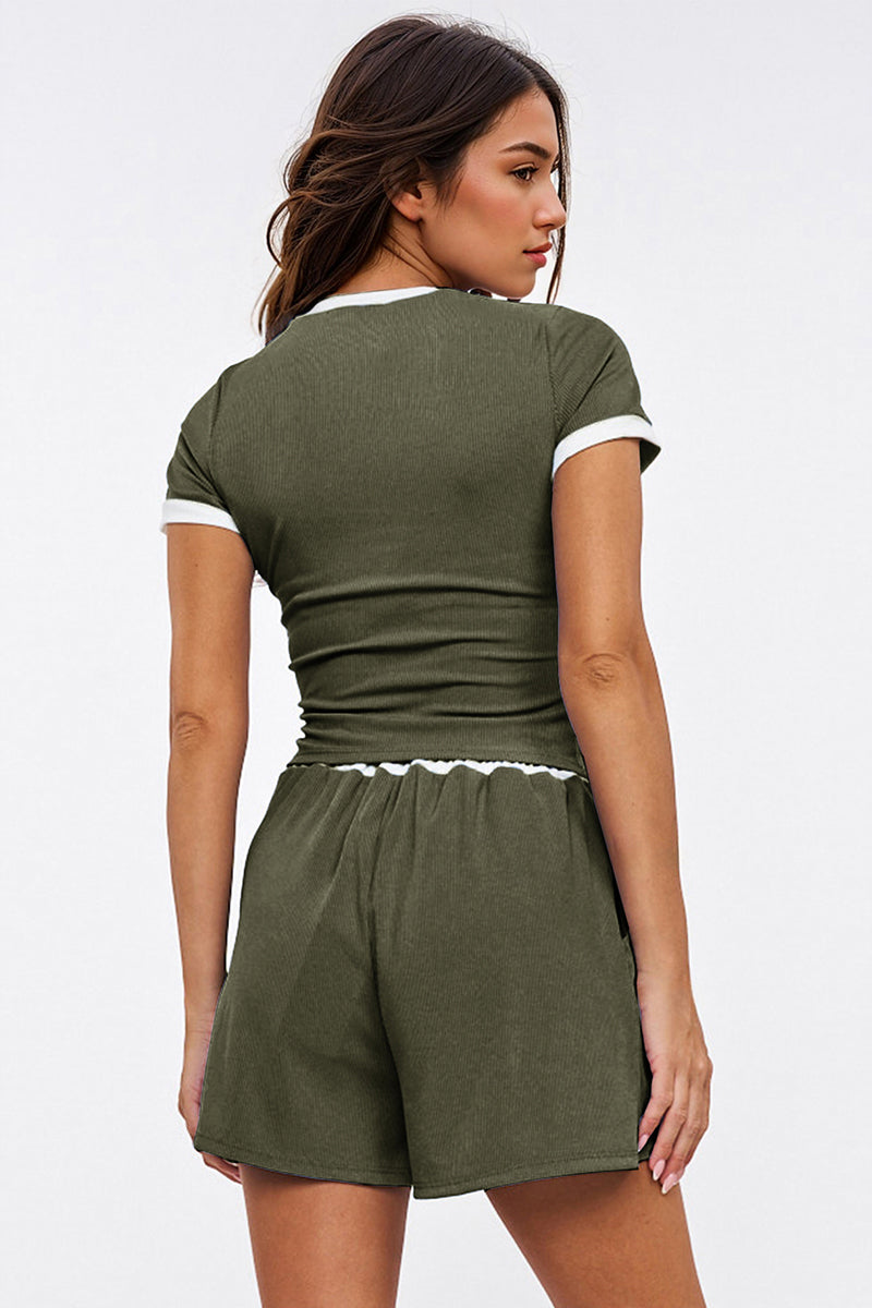 Casual Round Neck Contrast Trim Short Sleeve Top & Pocket Drawstring Waist Shorts Co-ord