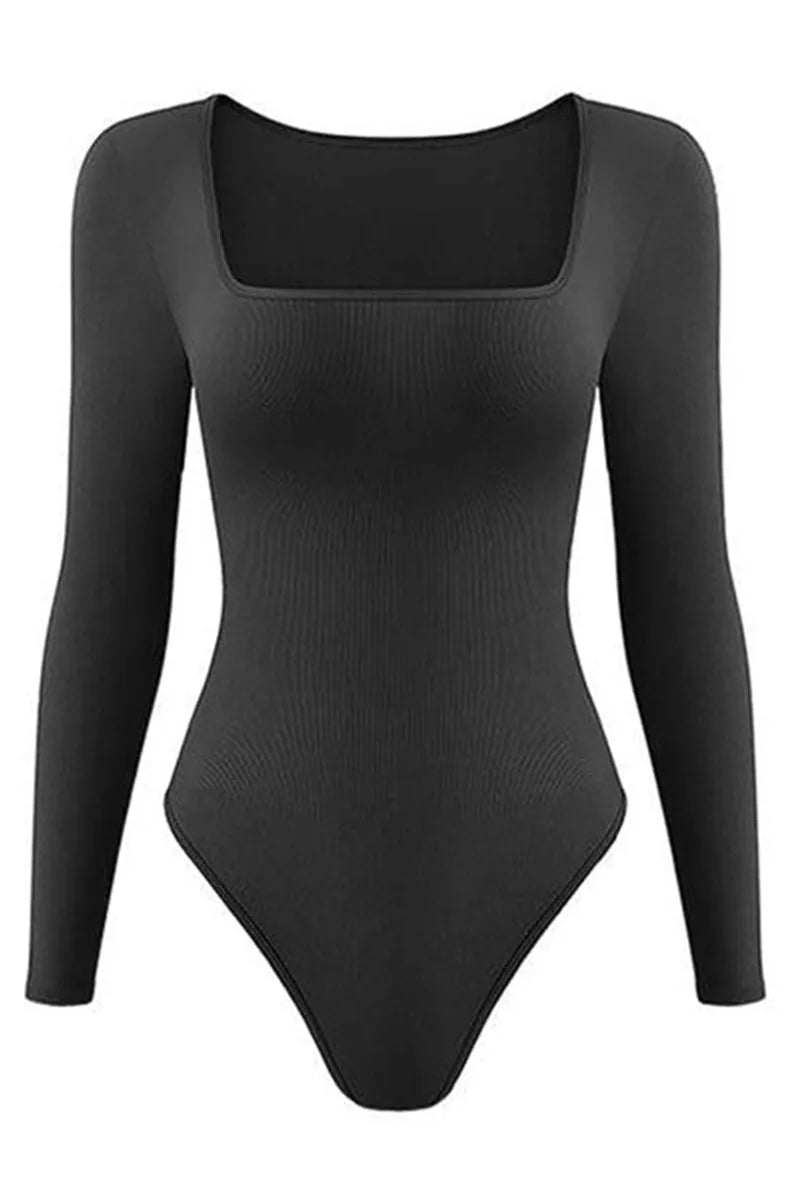Casual Seamless Solid Color U Neck Long Sleeve Stretch Bodysuit