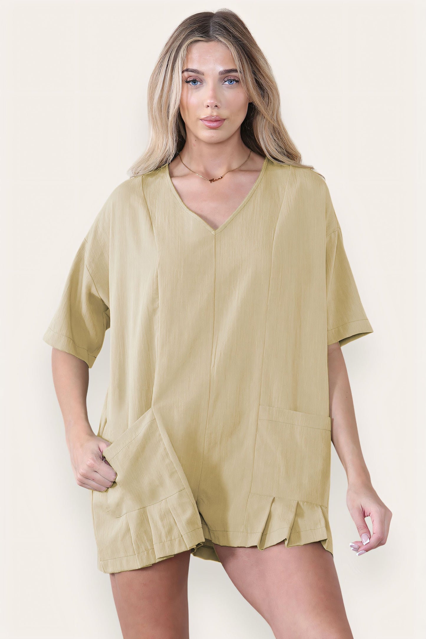 Casual Plain V Neck Half Sleeve Pocket Loose Playsuit