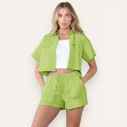 Casual Button Blouse & Drawstring Shorts Co-ord