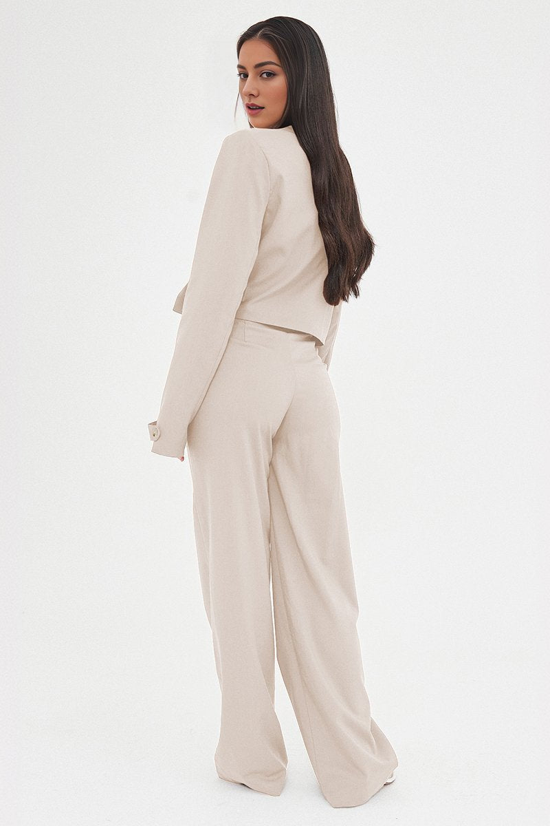 Casual Deep V Button Cropped Blazer & Loose Trousers Co-ord