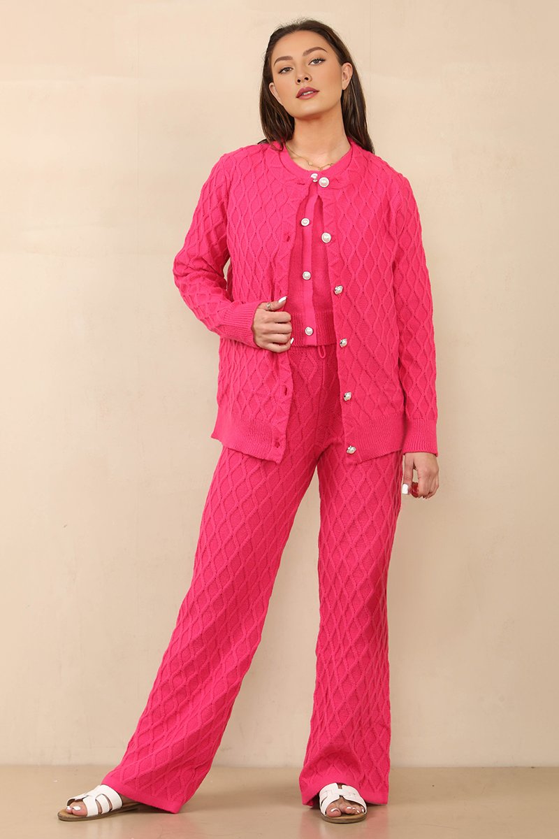 Casual Knit Textured Tank & Drawstring Trousers With Cardigan Set