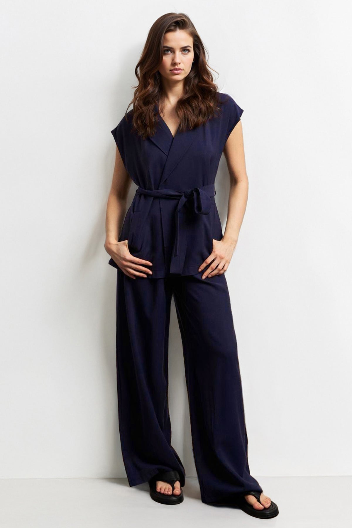 Notch Lapel Cap Sleeve Waist Tie Blazer Top & Wide Leg Trousers Co-ord