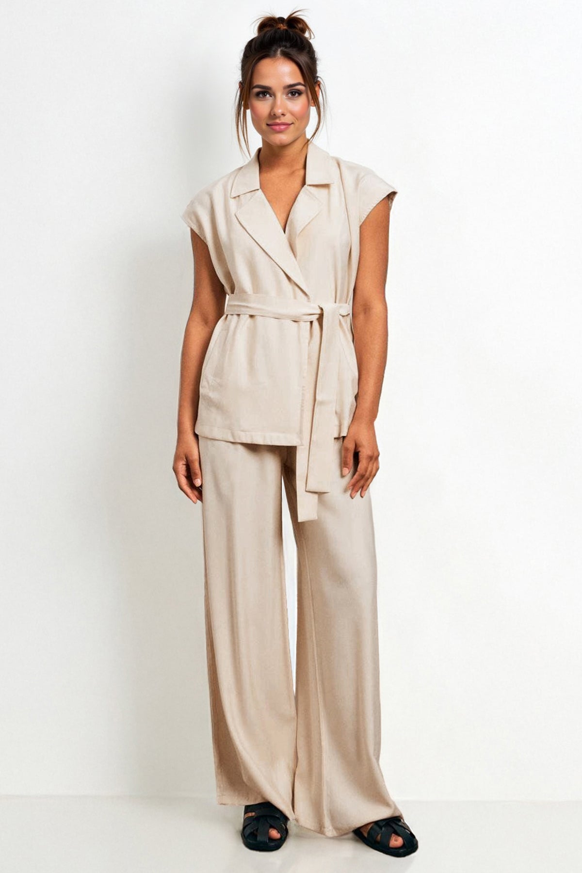 Notch Lapel Cap Sleeve Waist Tie Blazer Top & Wide Leg Trousers Co-ord