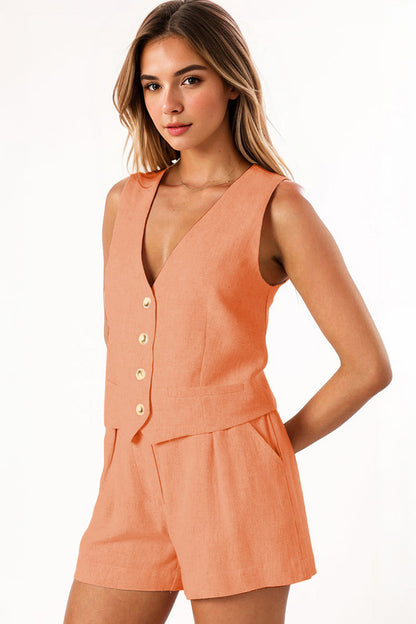 Casual V Neck Button Tank & Wide Leg Shorts Co-ord