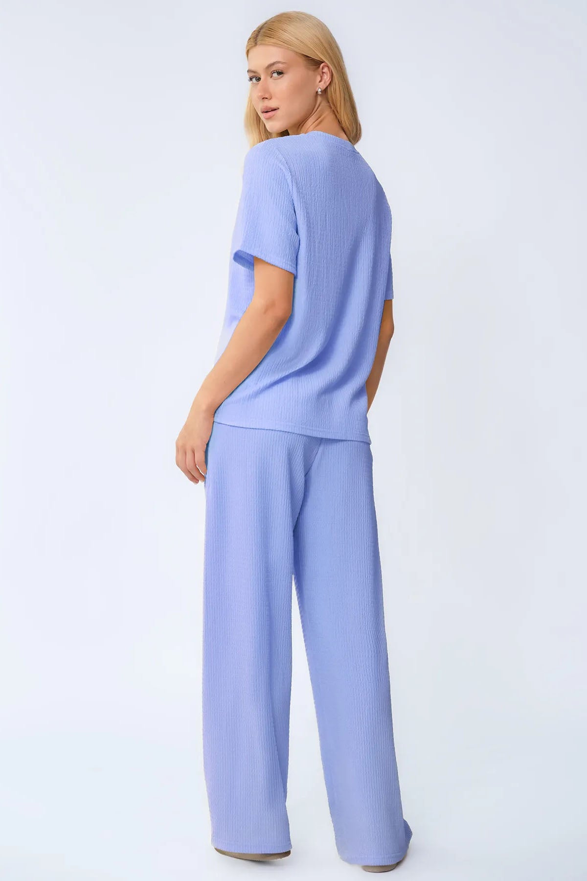 Cozy Solid Round Neck Short Sleeve Top & Wide Leg Trousers Co-ord