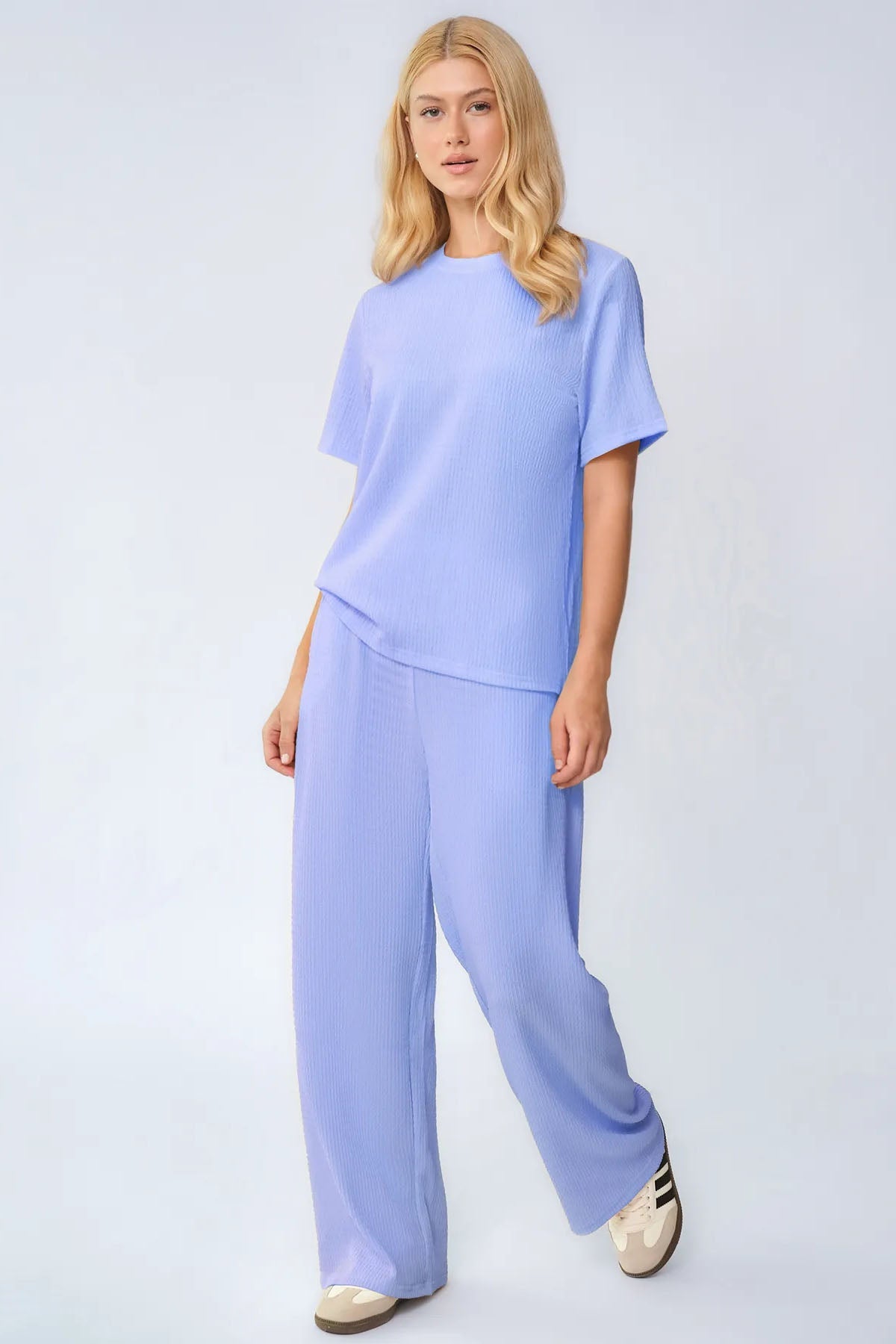Cozy Solid Round Neck Short Sleeve Top & Wide Leg Trousers Co-ord