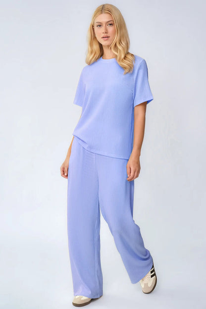 Cozy Solid Round Neck Short Sleeve Top & Wide Leg Trousers Co-ord