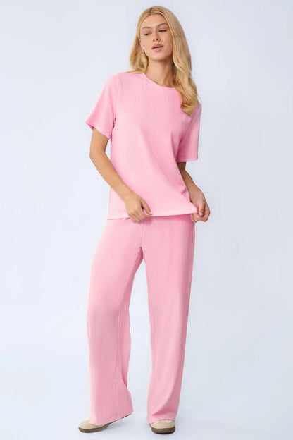 Cozy Solid Round Neck Short Sleeve Top & Wide Leg Trousers Co-ord