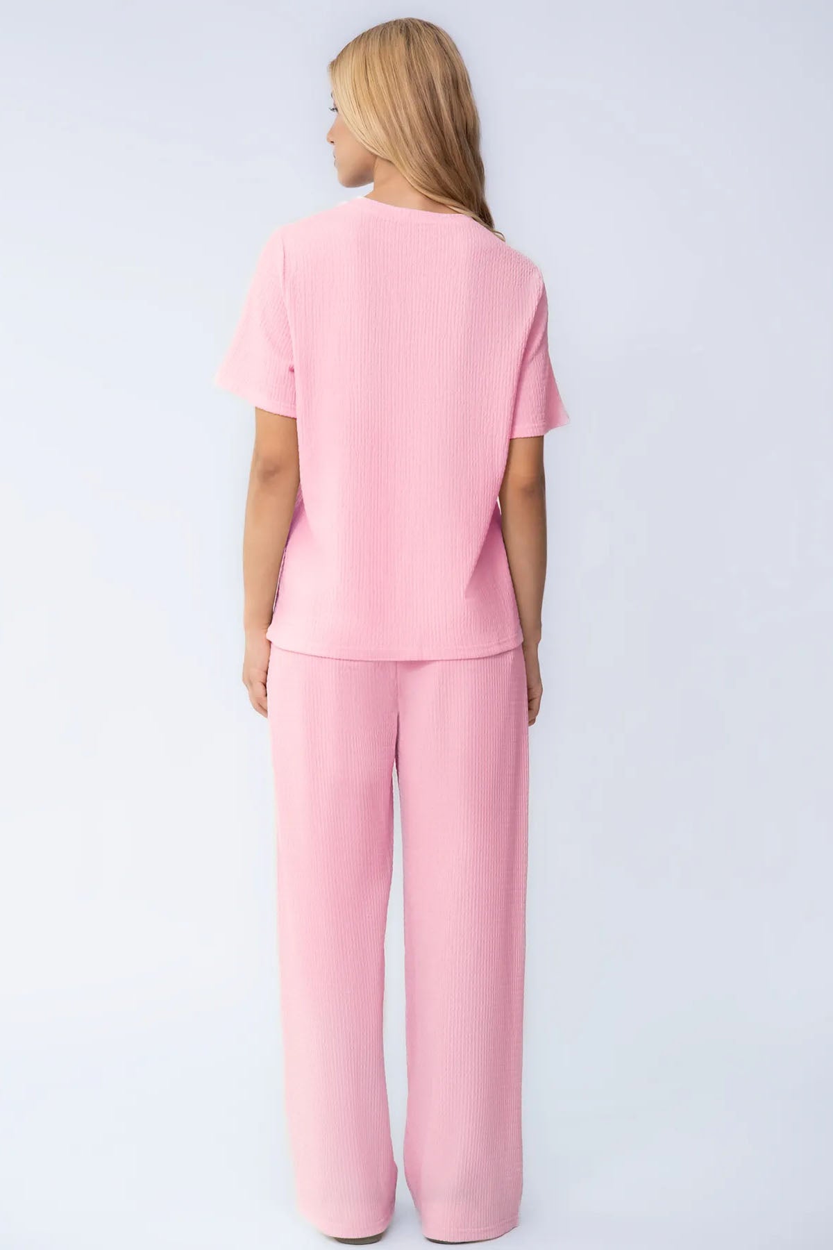 Cozy Solid Round Neck Short Sleeve Top & Wide Leg Trousers Co-ord