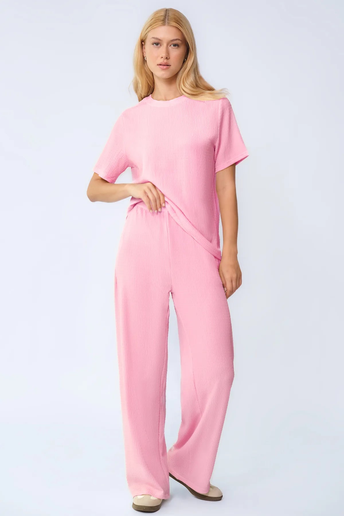 Cozy Solid Round Neck Short Sleeve Top & Wide Leg Trousers Co-ord
