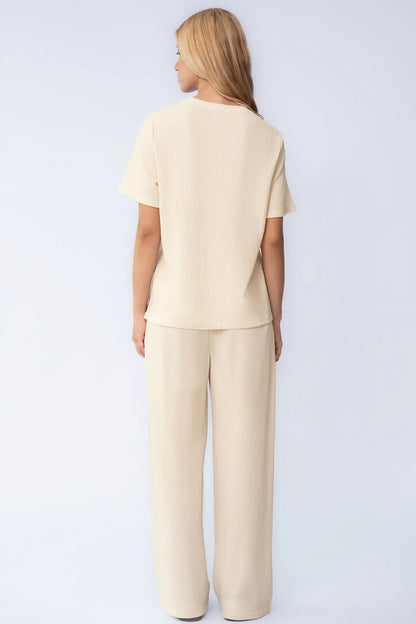 Cozy Solid Round Neck Short Sleeve Top & Wide Leg Trousers Co-ord