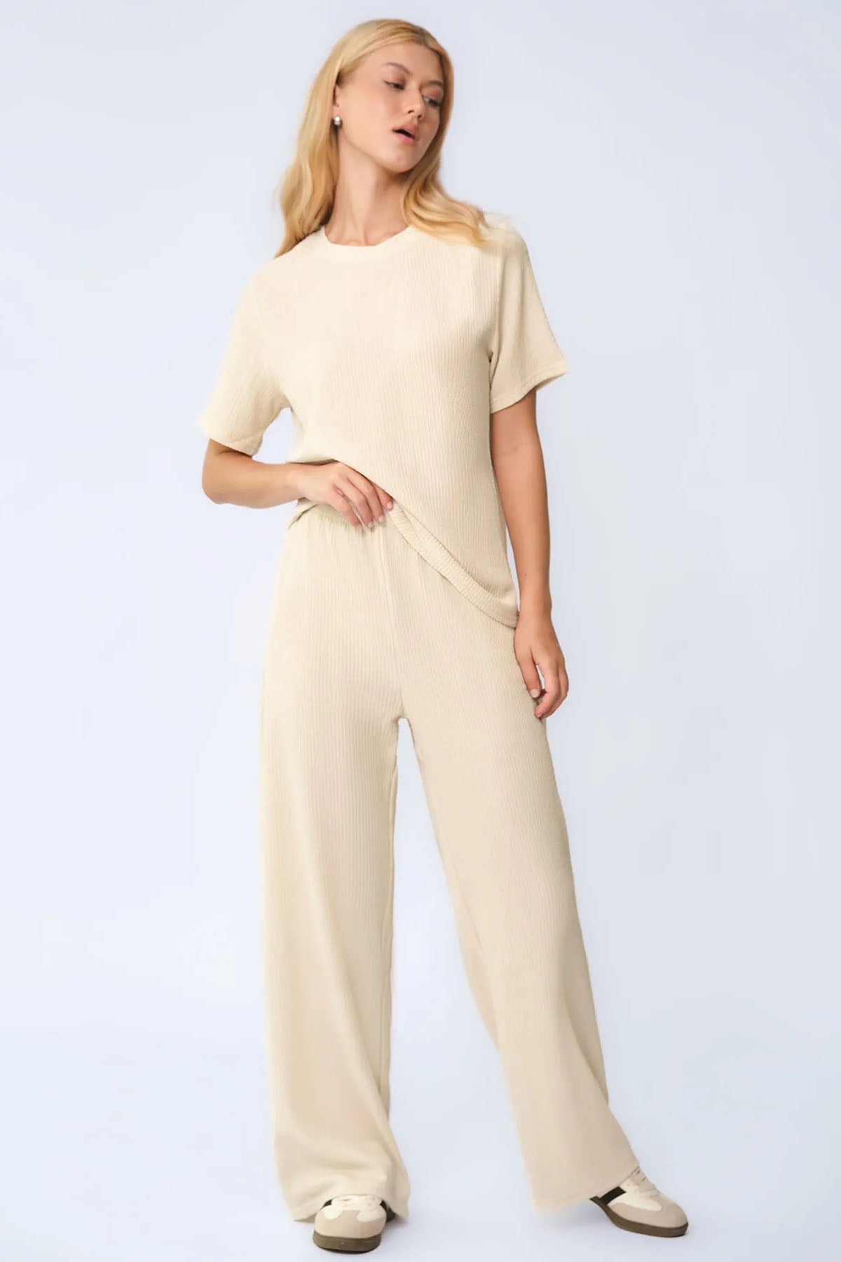 Cozy Solid Round Neck Short Sleeve Top & Wide Leg Trousers Co-ord