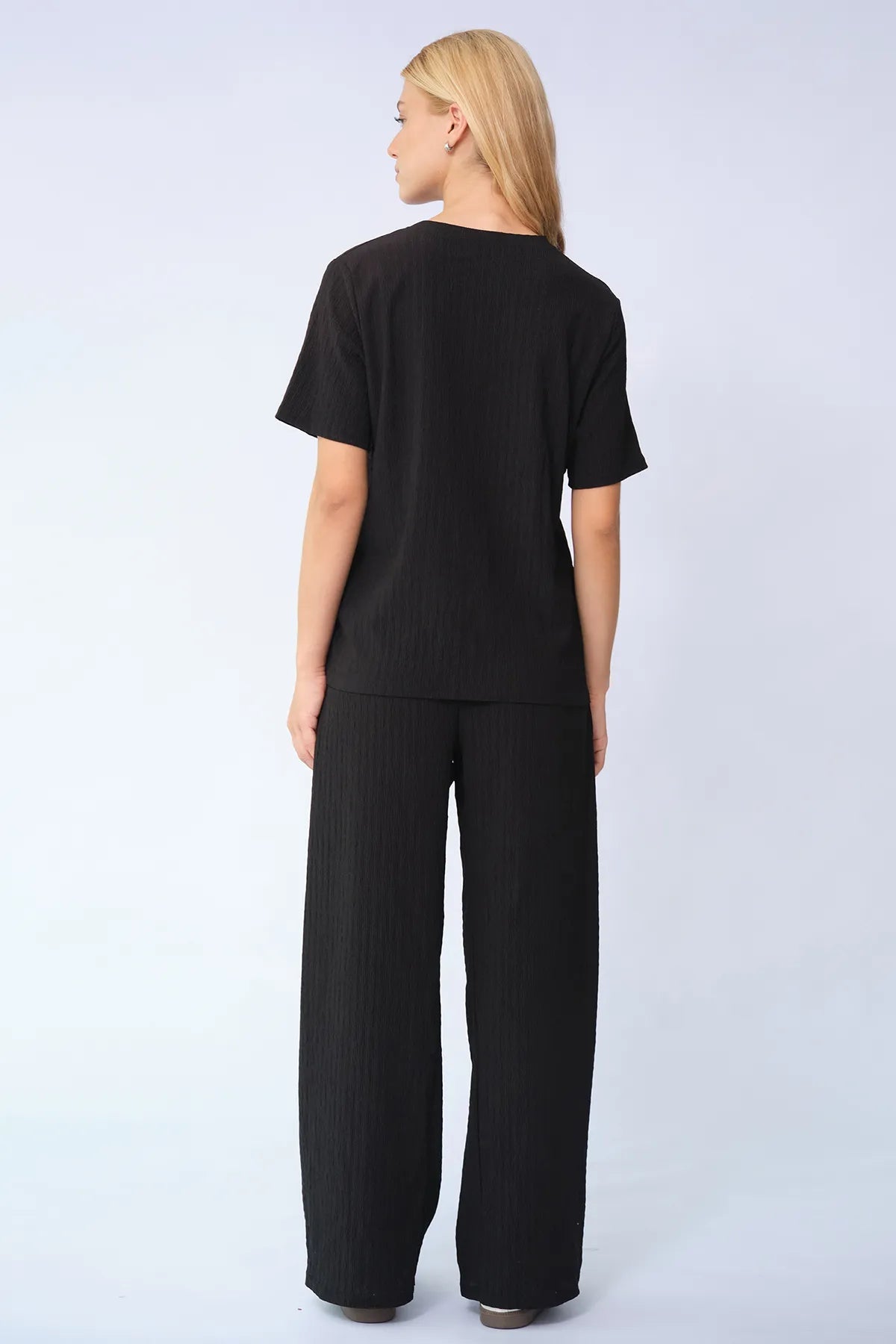 Cozy Solid Round Neck Short Sleeve Top & Wide Leg Trousers Co-ord