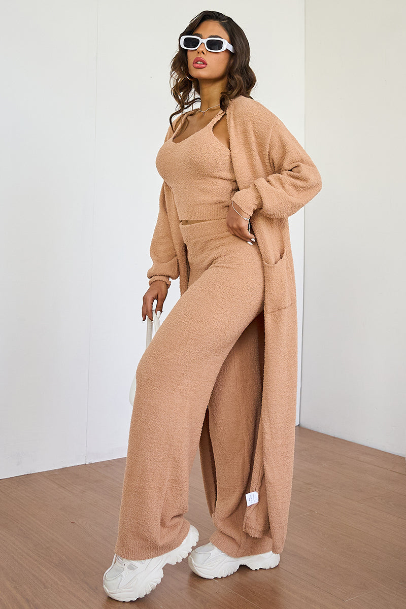 Cozy Fur Camisole & High Waist Trousers With Long Cardigan Three-Piece Set