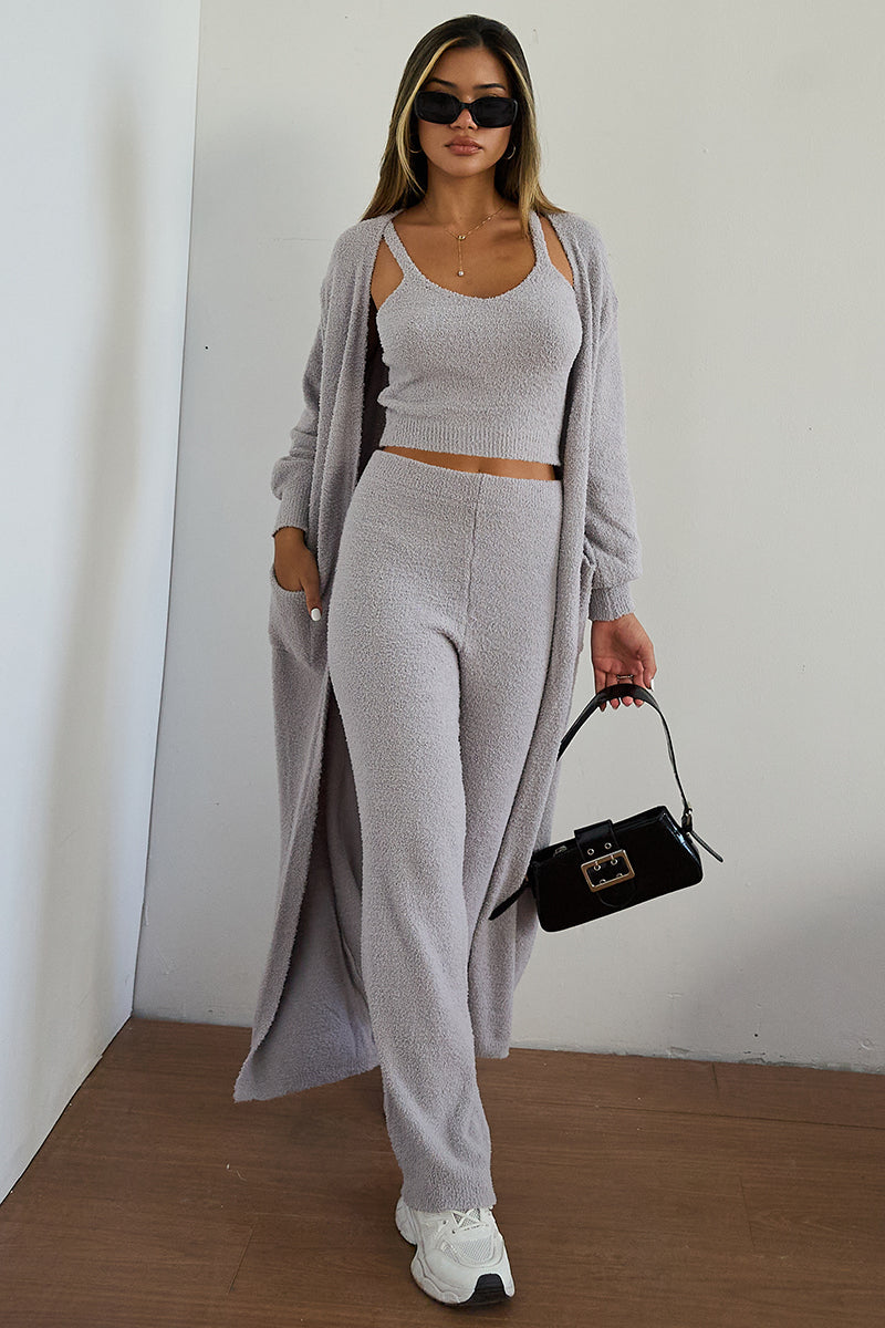 Cozy Fur Camisole & High Waist Trousers With Long Cardigan Three-Piece Set