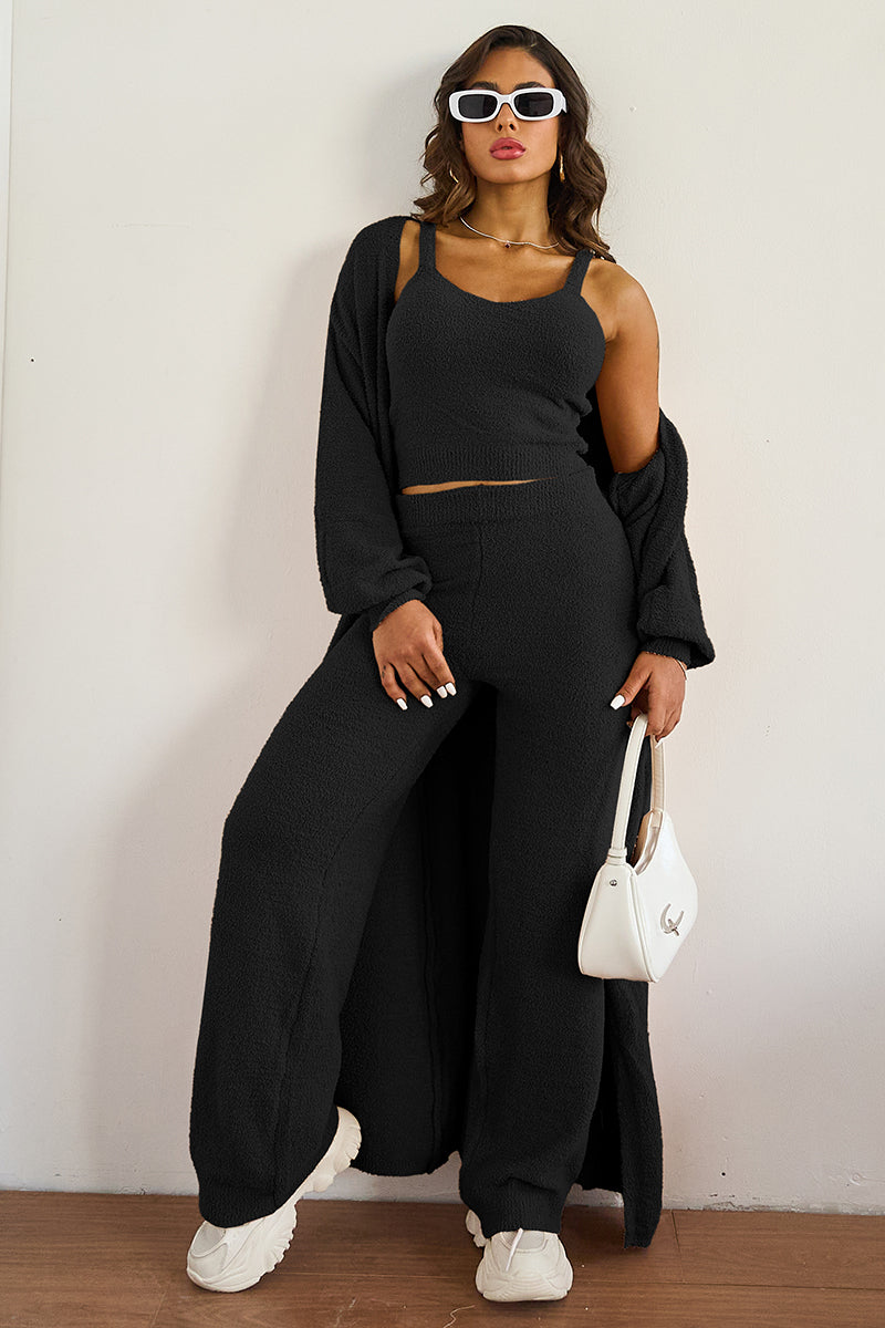 Cozy Fur Camisole & High Waist Trousers With Long Cardigan Three-Piece Set