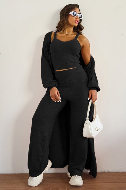 Cozy Fur Camisole & High Waist Trousers With Long Cardigan Three-Piece Set