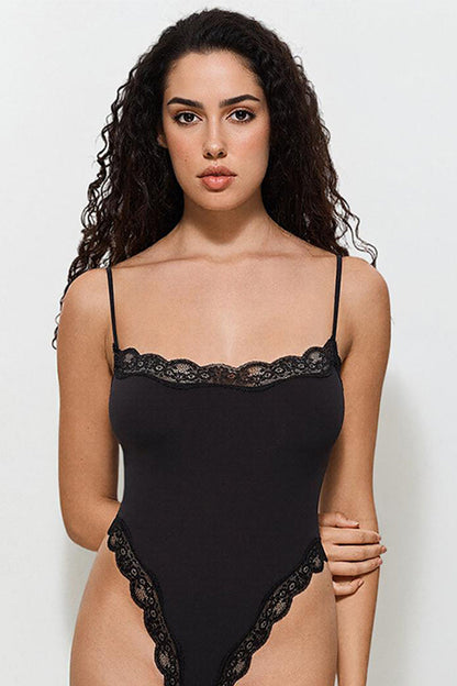 Sexy Solid Color Spaghetti Strap Lace Trim Stretch Bodysuit