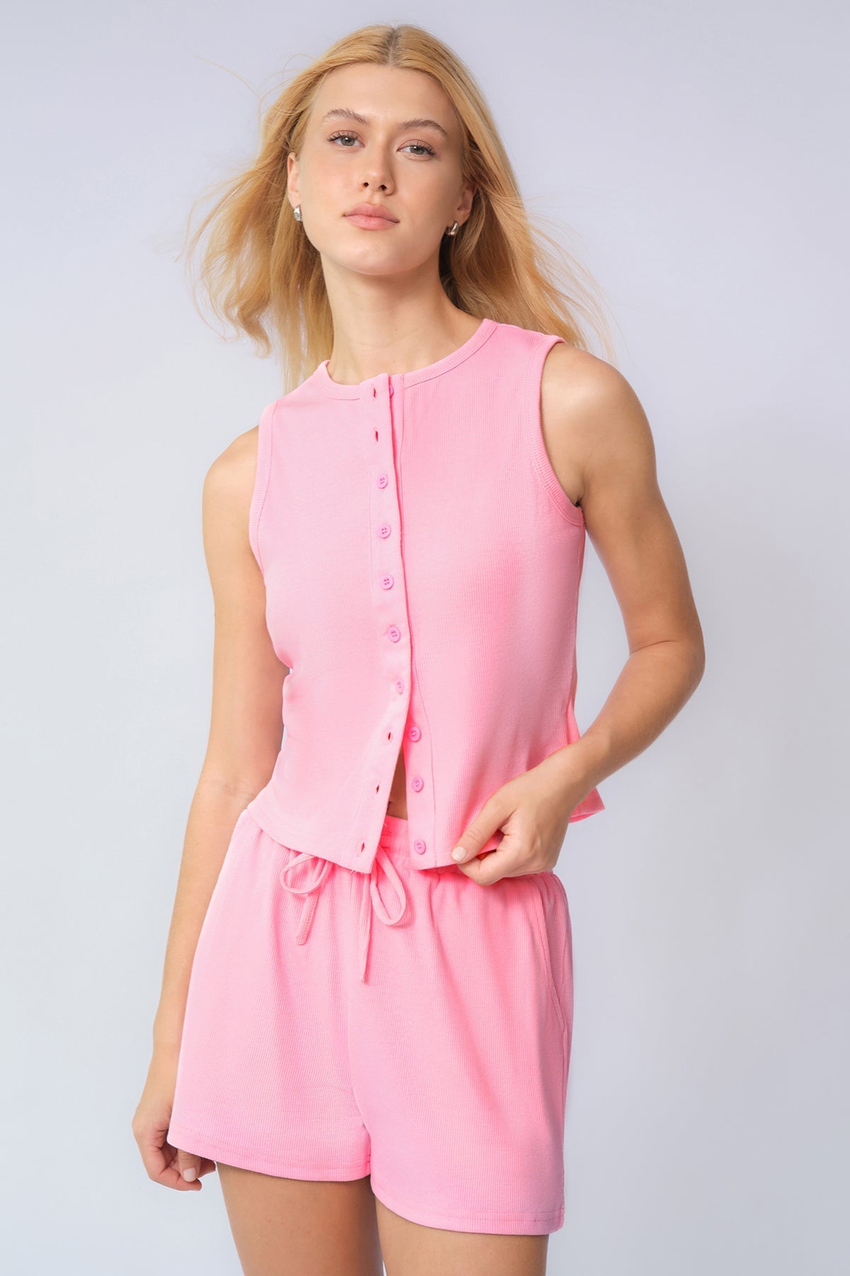 Minimalist Button-Up Tank Top & Drawstring Waist Shorts Co-ord