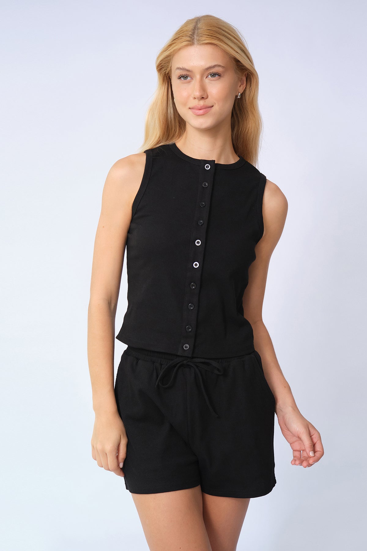 Minimalist Button-Up Tank Top & Drawstring Waist Shorts Co-ord