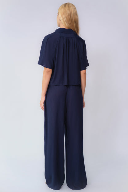 Classy Solid Color Collared Shell Button Loose Top & Drawstring Wide Leg Trousers Co-ord