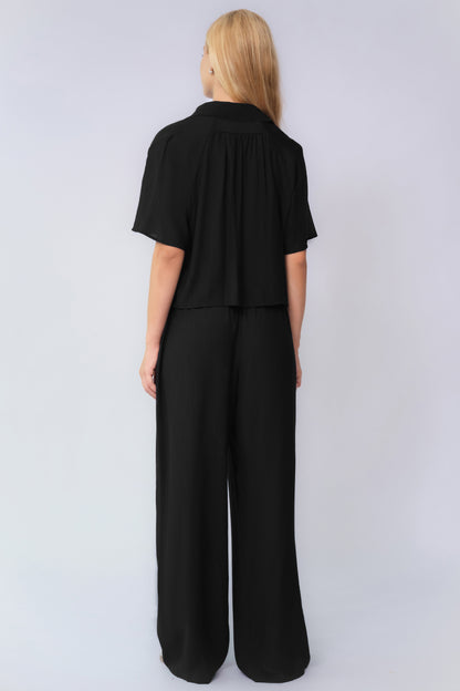 Classy Solid Color Collared Shell Button Loose Top & Drawstring Wide Leg Trousers Co-ord