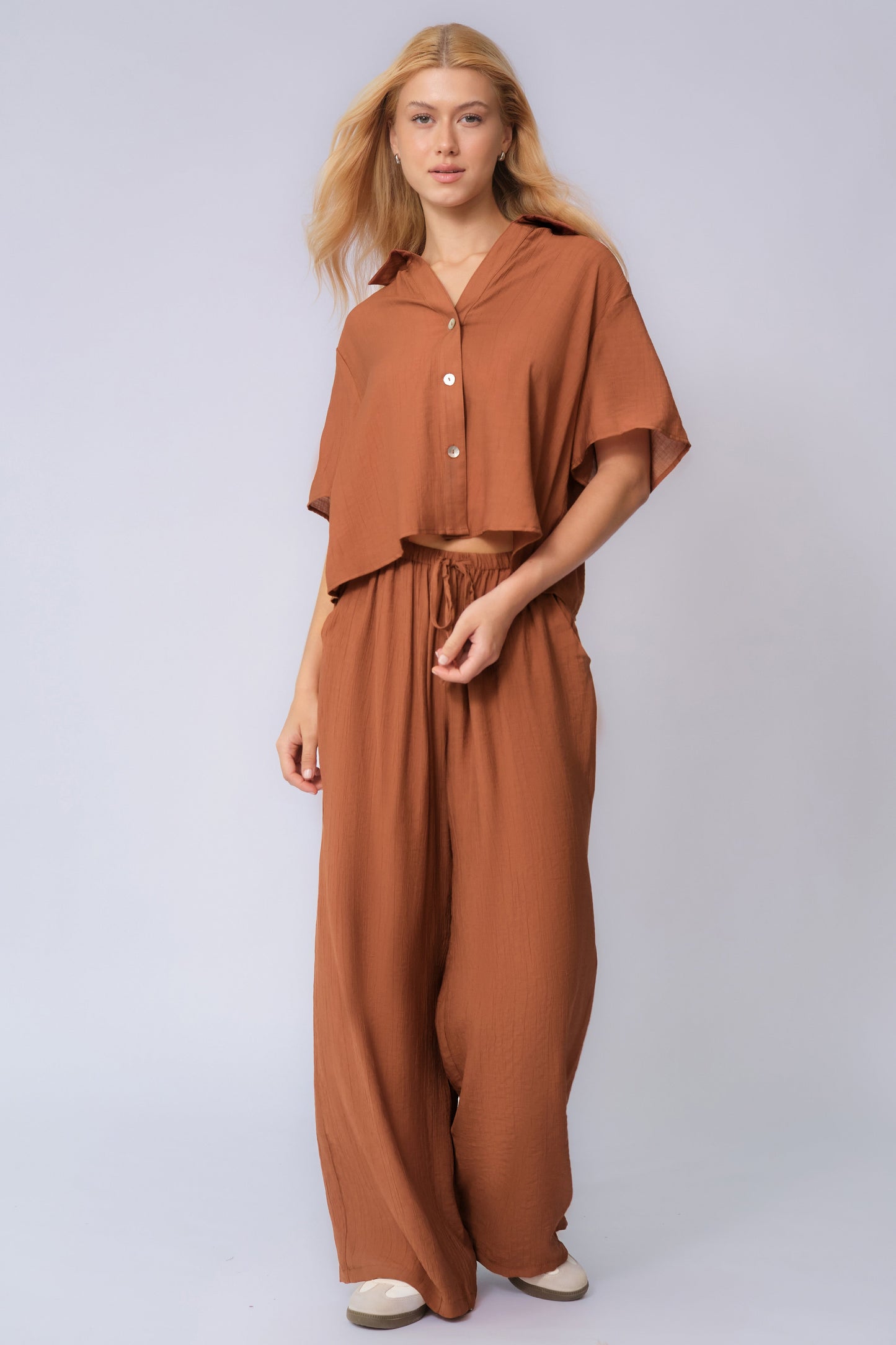 Classy Solid Color Collared Shell Button Loose Top & Drawstring Wide Leg Trousers Co-ord