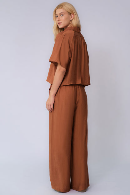Classy Solid Color Collared Shell Button Loose Top & Drawstring Wide Leg Trousers Co-ord