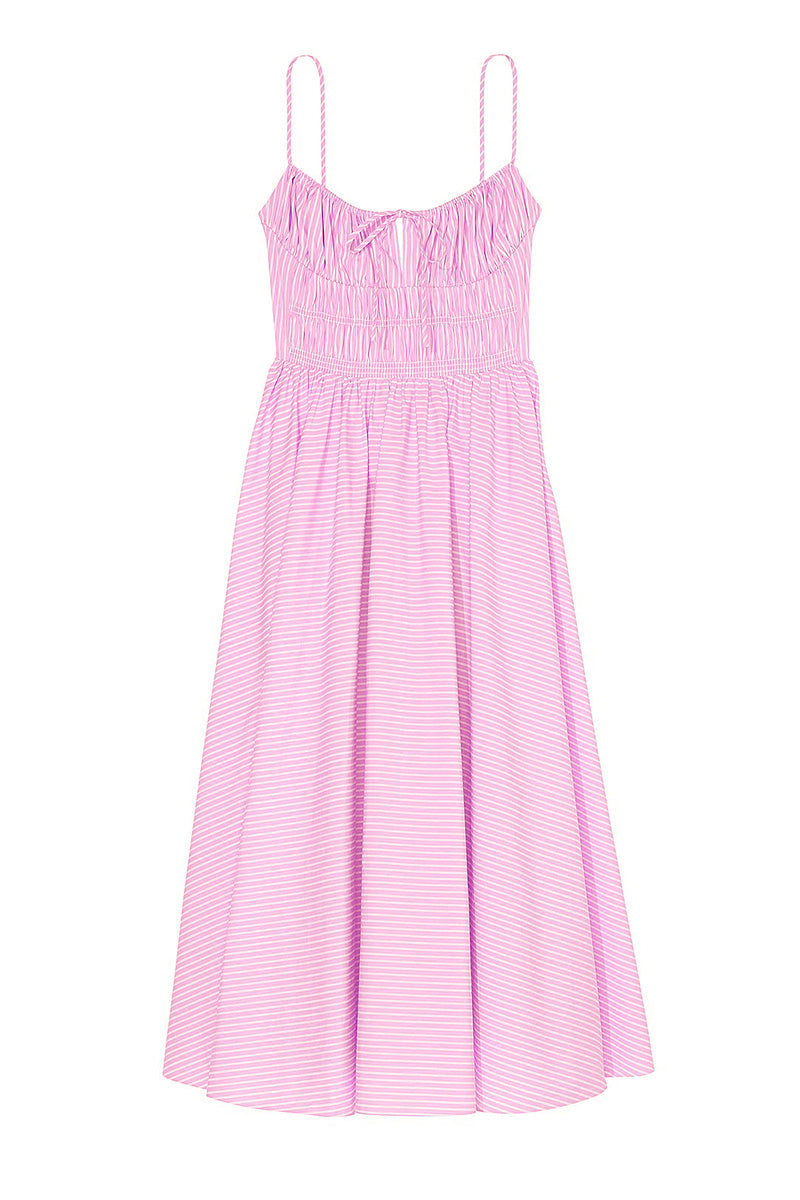 Casual Spaghetti Strap Front Tie Ruched Stripe Maxi Dress