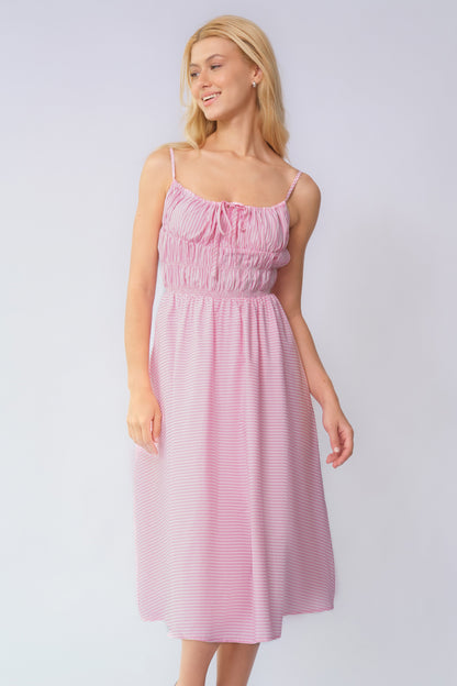 Casual Spaghetti Strap Front Tie Ruched Stripe Maxi Dress