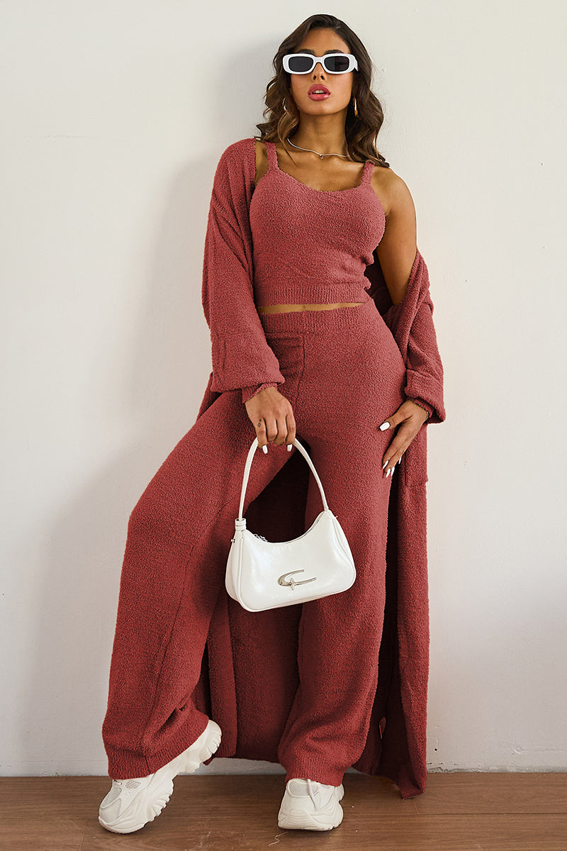 Cozy Fur Camisole & High Waist Trousers With Long Cardigan Three-Piece Set