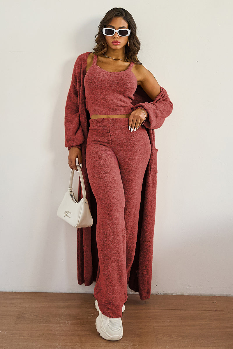 Cozy Fur Camisole & High Waist Trousers With Long Cardigan Three-Piece Set