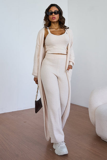 Cozy Fur Camisole & High Waist Trousers With Long Cardigan Three-Piece Set