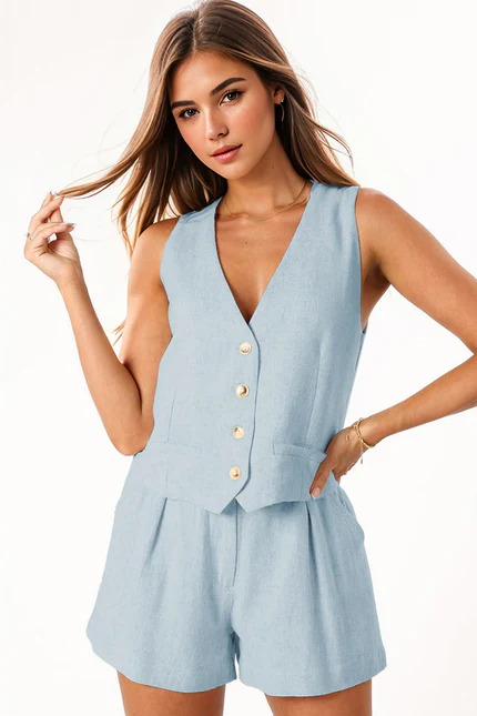 Casual V Neck Button Tank & Wide Leg Shorts Co-ord