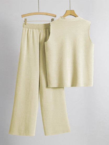 Minimalist Solid V-Neck Button Tank Top & Wide-Leg Trousers Co-ord