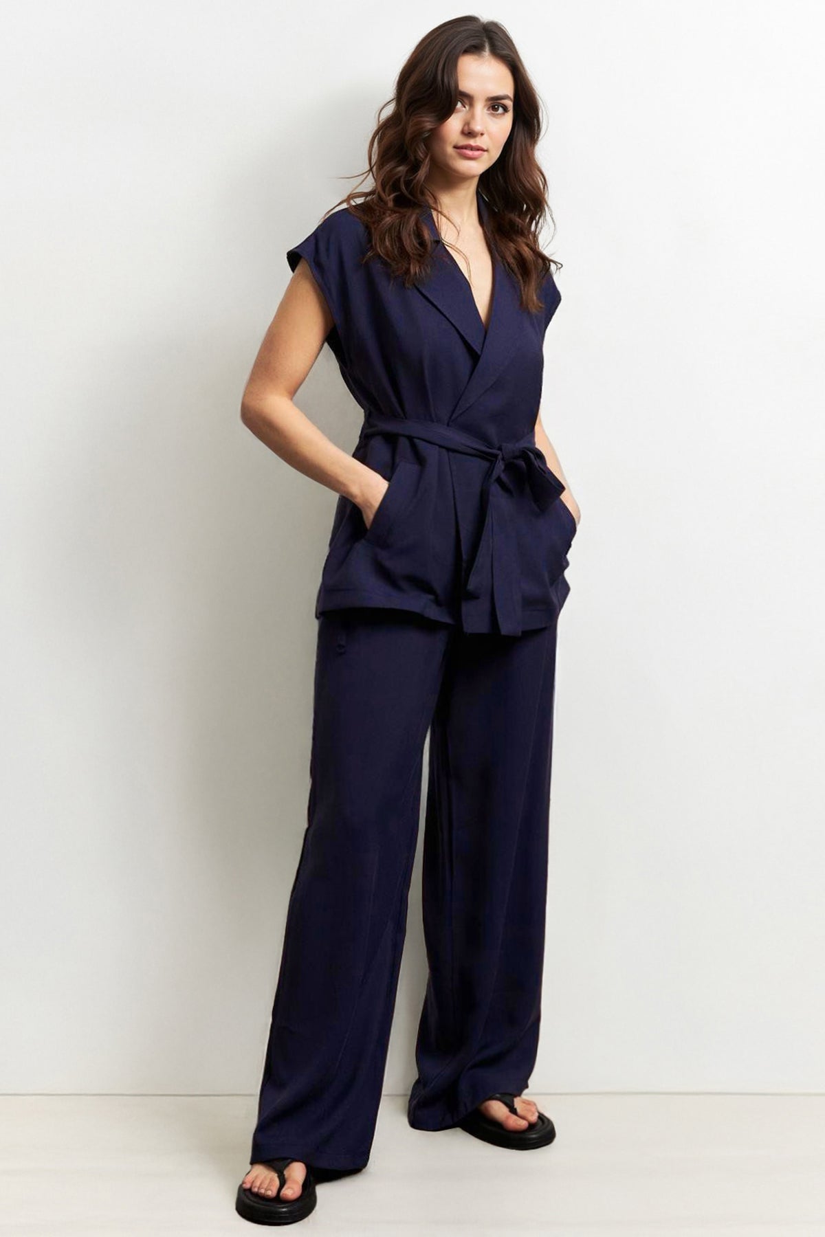 Notch Lapel Cap Sleeve Waist Tie Blazer Top & Wide Leg Trousers Co-ord