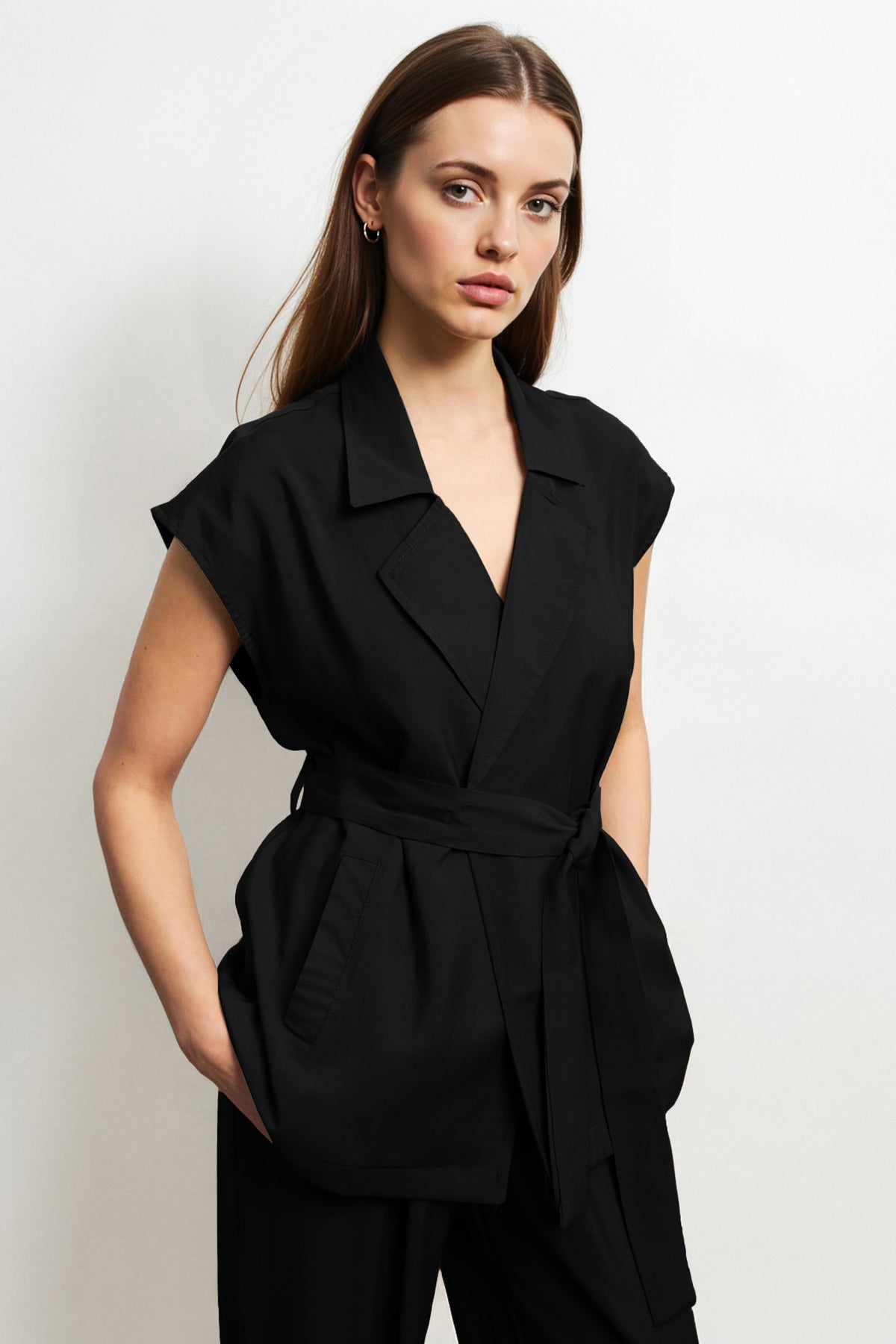 Notch Lapel Cap Sleeve Waist Tie Blazer Top & Wide Leg Trousers Co-ord