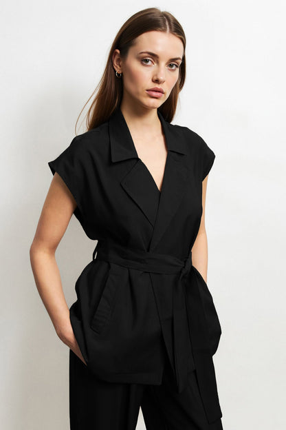 Notch Lapel Cap Sleeve Waist Tie Blazer Top & Wide Leg Trousers Co-ord