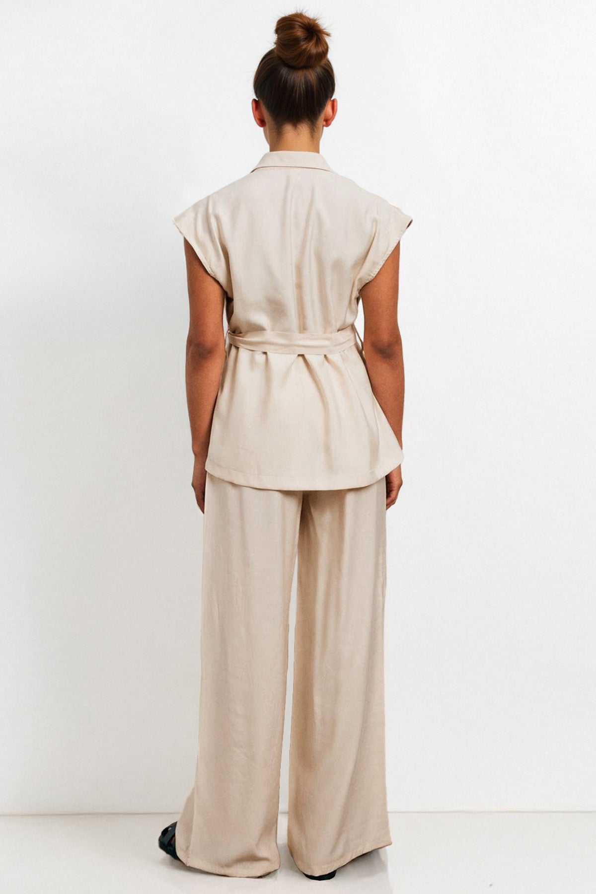 Notch Lapel Cap Sleeve Waist Tie Blazer Top & Wide Leg Trousers Co-ord