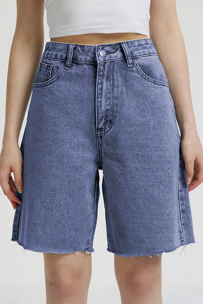 Classy Mid-Rise Tassel Hem Baggy Denim Shorts