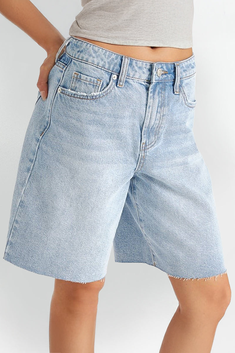 Classy Mid-Rise Tassel Hem Baggy Denim Shorts