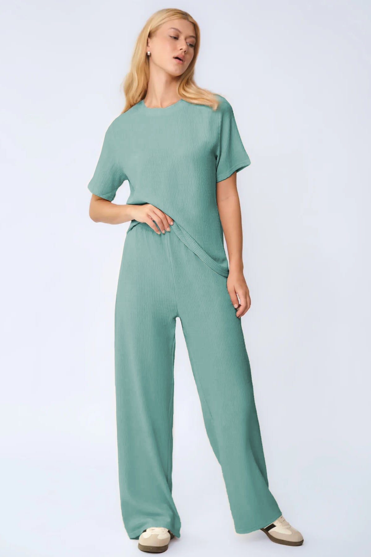 Cozy Solid Round Neck Short Sleeve Top & Wide Leg Trousers Co-ord