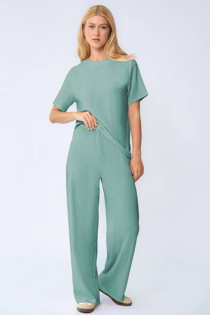 Cozy Solid Round Neck Short Sleeve Top & Wide Leg Trousers Co-ord
