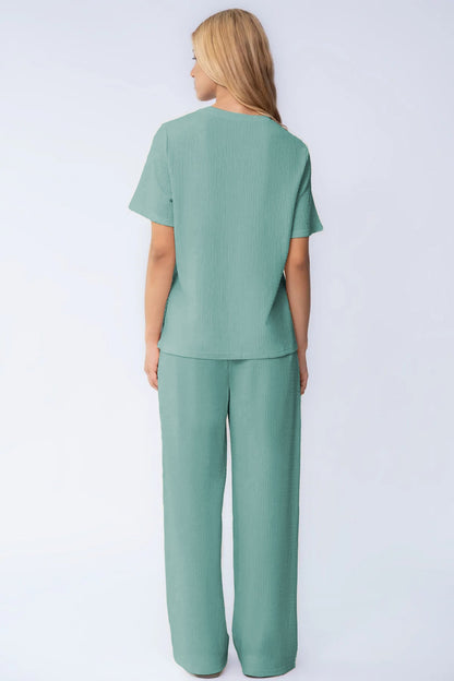 Cozy Solid Round Neck Short Sleeve Top & Wide Leg Trousers Co-ord