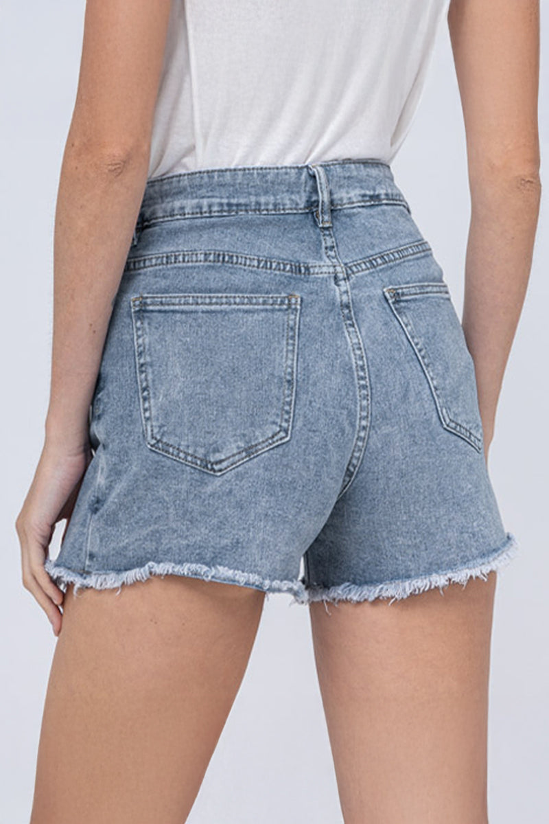 Layered High Waist Raw Hem Denim Skorts with Tassel Detail