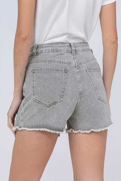 Layered High Waist Raw Hem Denim Skorts with Tassel Detail