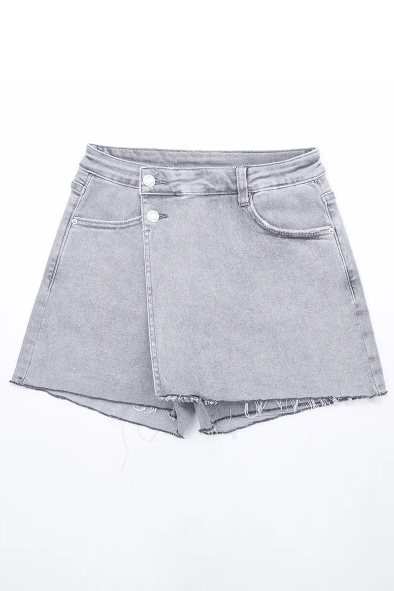 Layered High Waist Raw Hem Denim Skorts with Tassel Detail